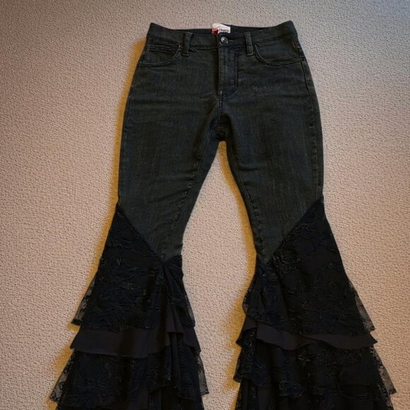 Mid Rise Lace Tiered Flare Denim Jeans - Picture 3 of 6